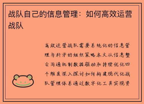 战队自己的信息管理：如何高效运营战队