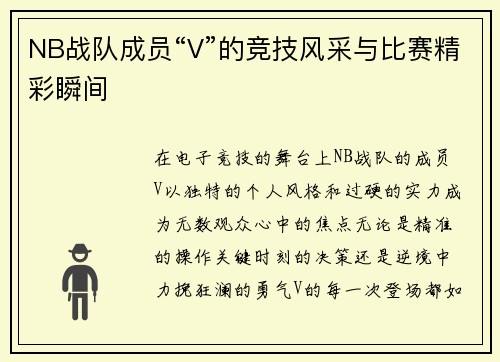 NB战队成员“V”的竞技风采与比赛精彩瞬间